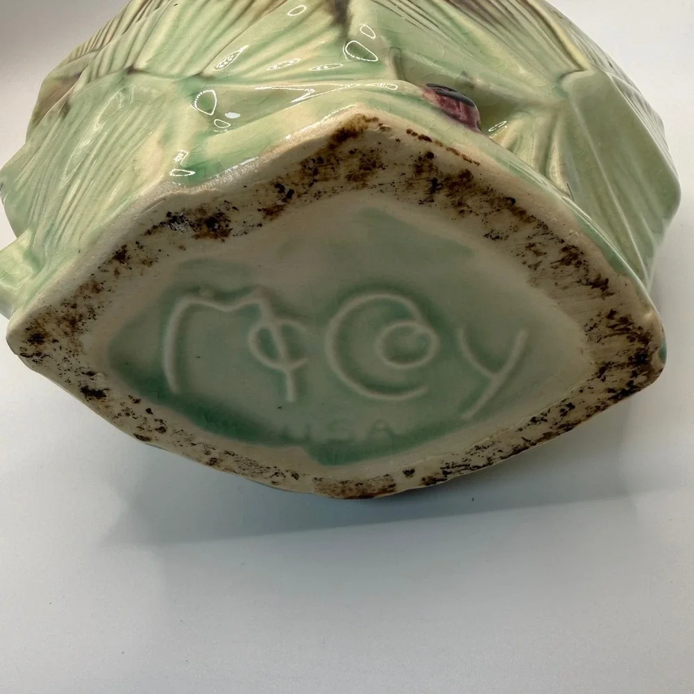 Vintage McCoy Pottery Leaf and Berry Basket Planter Green Brown Glossy USA